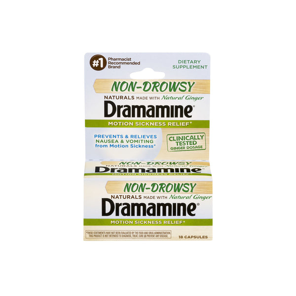 Dramamine Non-Drowsy Naturals with Natural Ginger, 500 mg, 18 capsules