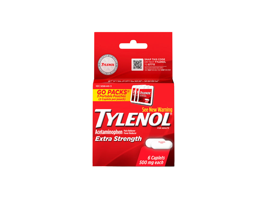 Tylenol Extra Strength, 500 mg, 3 Go Packs of 2 caplets each