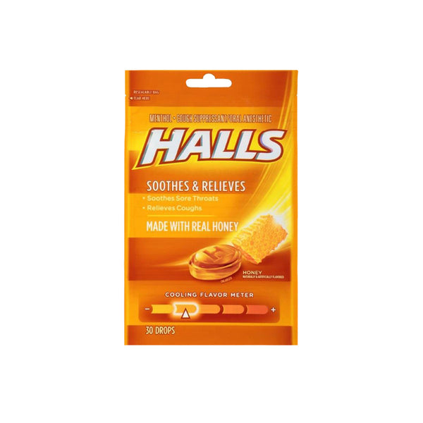 Halls Honey and Menthol Cough Suppressant/Oral Anesthetic Drops, 30 count